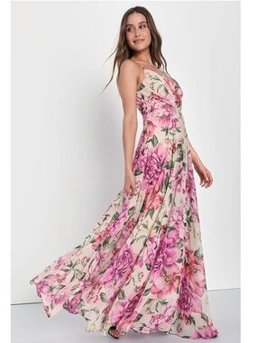 Lulus Seasons of Love Blush Pink Floral Print Surplice V‑Neck Maxi Dress NWT XS